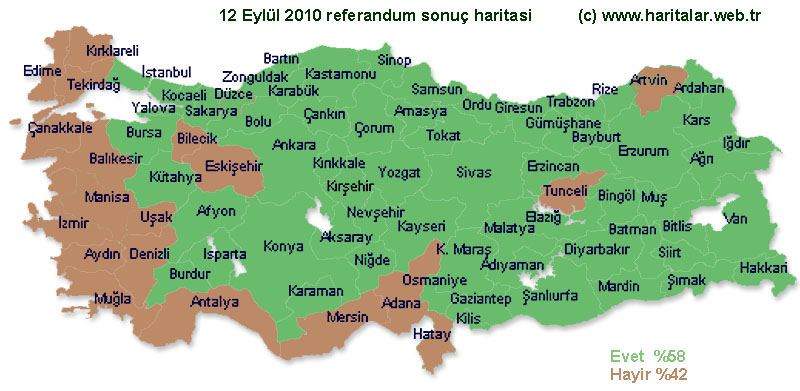  Bu harita T�rkiye 12 Eyl�l 2010 Anayasa Referandum Oylama sonu�lar�n�n T�rkiye haritas� �zerindeki evet / hay�r a��rl�kl� illerin da��l�m� temsil ediyor. 
renklendirme : U�ur Akg�z / referandum sonucu / www.haritalar.web.tr 