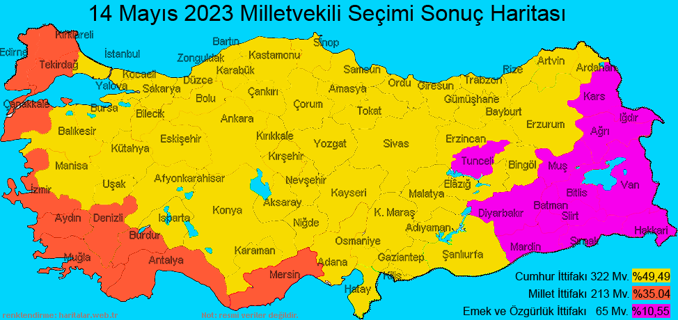 14 May�s Milletvekili Se�imi Sonu� Haritas� - kazanan siyasi partiler ve ittifaklar�n illere g�re da��l�m�