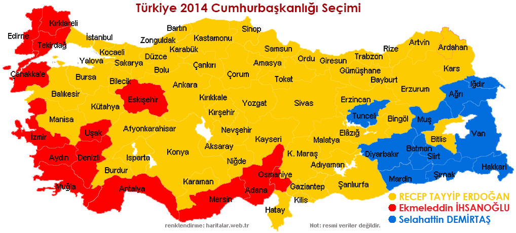  
Bu harita 10 A�ustos 2014 Cumhurba�kanl��� Se�imi Sonucunun T�rkiye haritas� �zerinde illere g�re tercih da��l�m�n� temsil ediyor.
 