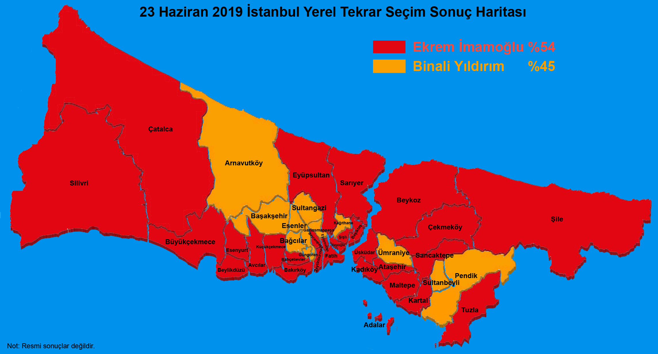 23 Haziran 2019 �stanbul Yerel Tekrar Se�im Sonu� Haritas� - partilerin il�elere da��l�m�