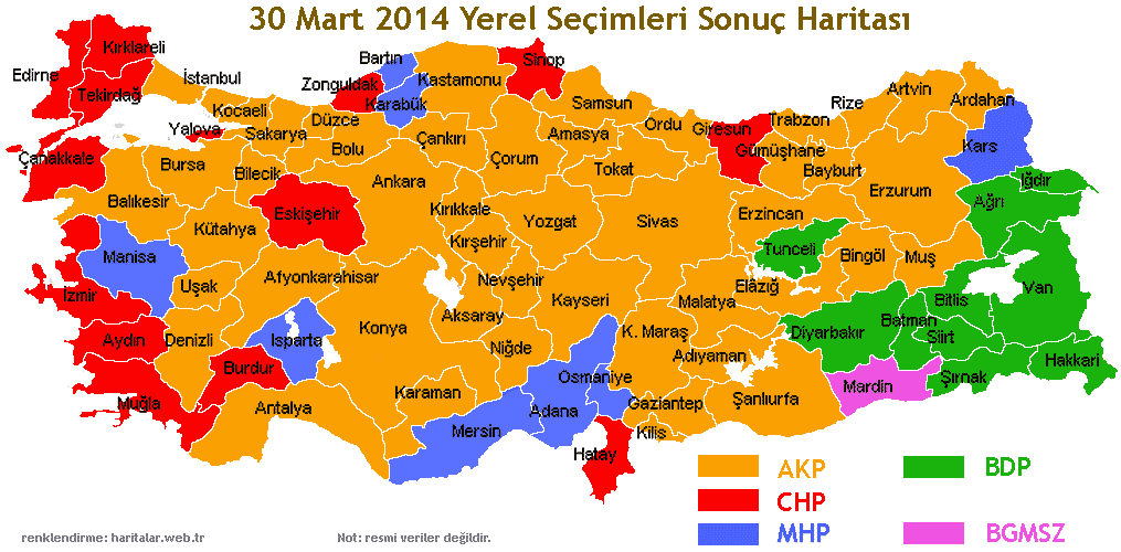  

Bu harita 30 Mart 2014 Yerel Se�im Sonu�lar�n�n T�rkiye haritas� �zerinde kazanan partilere g�re da��l�m� temsil ediyor.
 