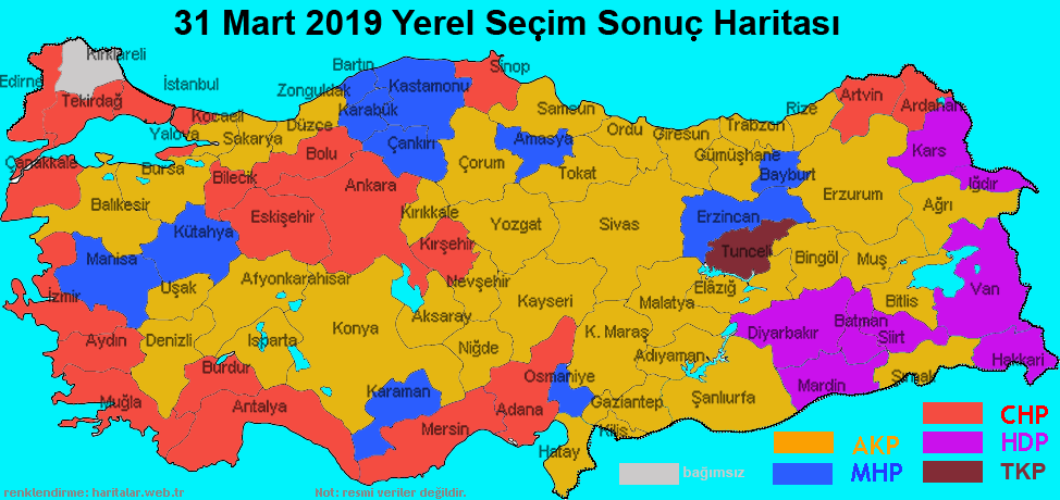 31 Mart 2019 Yerel Secim Sonu� Haritas� - ittifak partilerin kazand�klar� iller - Ekrem �mamo�lu / Binali Y�ld�r�m