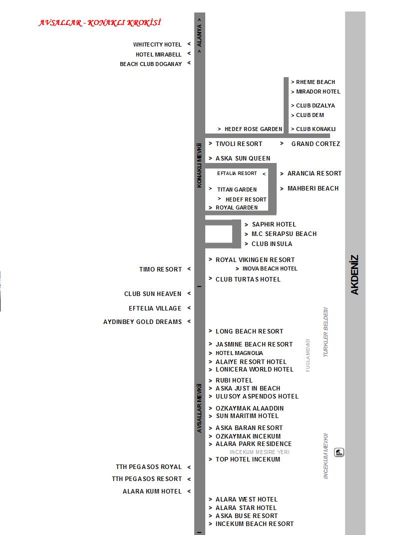  Alanya Avsallar / Konakl� Oteller Haritas�  / www.turizmrehberim.org